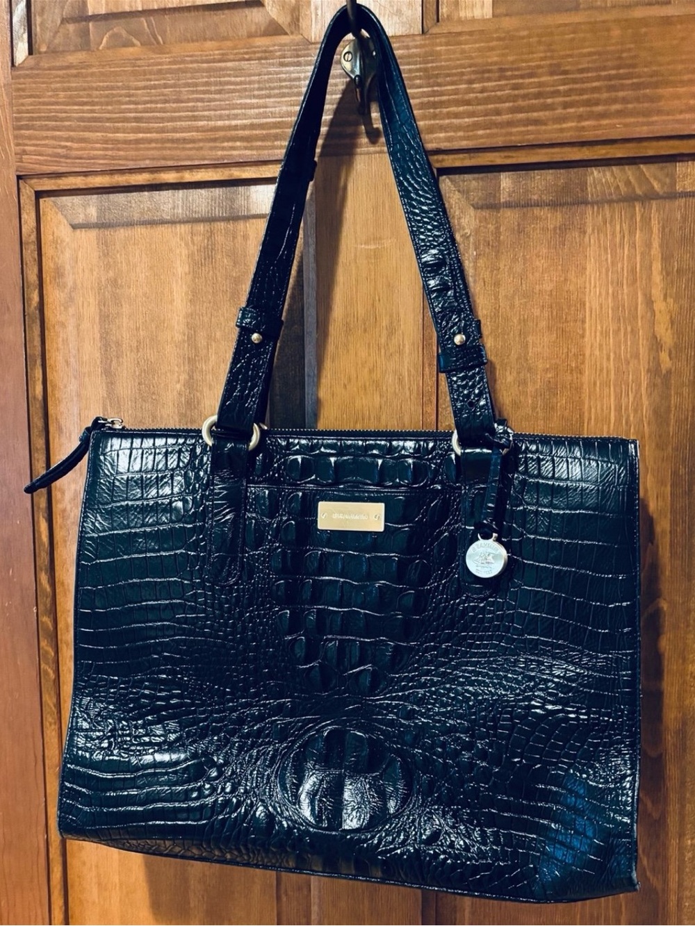 Brahmin Asher Melbourne Hornback Croc- Embossed Black Leather Tote Bag